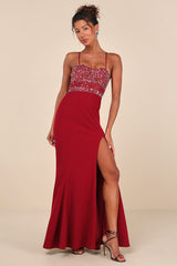 Luxe Allure Wine Red Beaded Rhinestone Bustier Maxi Dress
