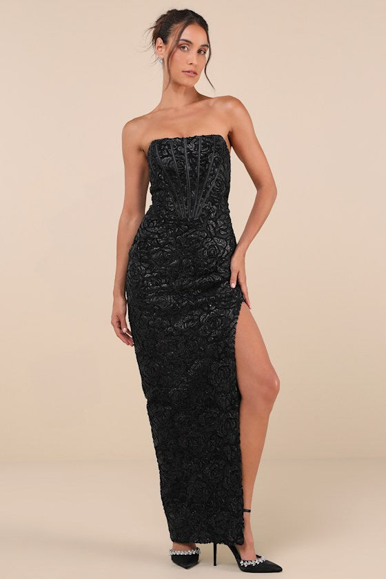Stately Aura Black Mesh Velvet Strapless Bustier Maxi Dress