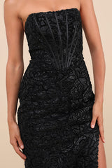 Stately Aura Black Mesh Velvet Strapless Bustier Maxi Dress