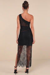 Sensational Flirt Black Sheer Lace One-Shoulder Maxi Dress