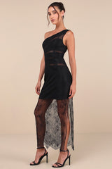 Sensational Flirt Black Sheer Lace One-Shoulder Maxi Dress