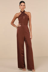Beyond Classy Brown Satin Halter Wide-Leg Jumpsuit