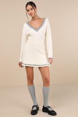 Studious Charm Ivory and Heather Grey Cable Knit Mini Skirt