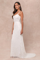 Momentous Love White Beaded Bustier Mesh Mermaid Maxi Dress