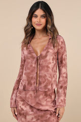 Ethereal Aesthetic Mauve Abstract Tie-Front Long Sleeve Top