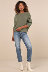 Verla Olive Green Dolman Sleeve Sweater Top