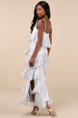 Get in the Groove Silver Sequin Fringe Bodycon Maxi Dress