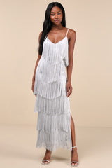 Get in the Groove Silver Sequin Fringe Bodycon Maxi Dress
