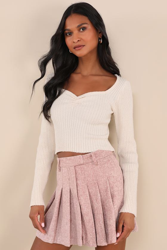 Simply Adoring Pink Tweed Pleated High-Waisted Mini Skort