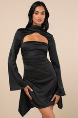 Sultry Elevation Black Satin Long Sleeve Cutout Mini Dress