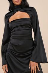 Sultry Elevation Black Satin Long Sleeve Cutout Mini Dress
