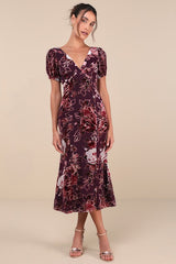 Loving Approach Purple Velvet Burnout Puff Sleeve Midi Dress
