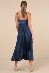 Fabulous Perfection Navy Blue Satin Pleated Midi Dress