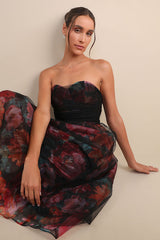 Splendidly Yours Black Floral Organza Mesh Strapless Midi Dress