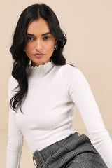 Charmed Vibes Ivory Ribbed Lettuce Edge Long Sleeve Top