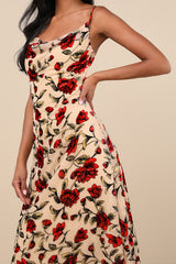Romance in the Making Beige Floral Print Velvet Maxi Dress