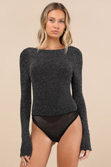 Iconic Sparkle Black Lurex Backless Long Sleeve Bodysuit