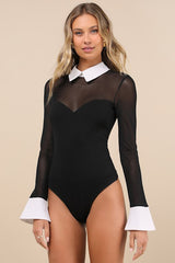 Confident Essence Black and White Mesh Long Sleeve Bodysuit