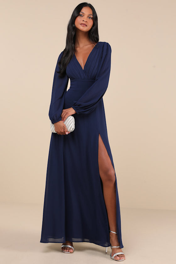 Marvelous Affair Navy Blue Pleated Lace-Up Maxi Dress