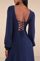Marvelous Affair Navy Blue Pleated Lace-Up Maxi Dress