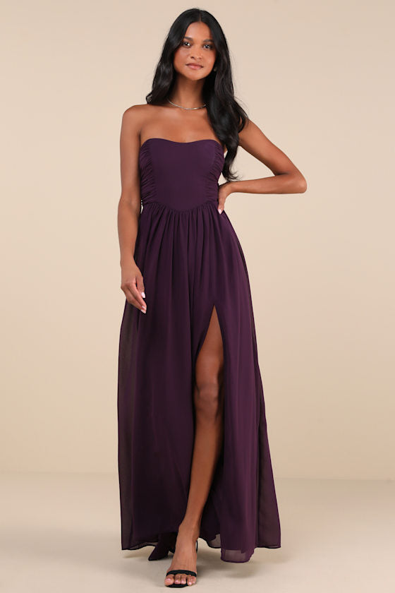 Luxe Favorite Dark Purple Strapless Ruched Maxi Dress