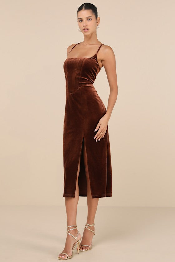 Gorgeous Composure Brown Velvet Lace-Up Sleeveless Midi Dress