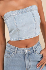 Modern Shine Light Wash Metallic Coated Denim Crop Top