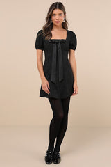 Polished Sweetie Black Jacquard Bow Puff Sleeve Mini Dress