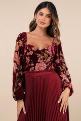 Luxe Romance Burgundy Velvet Floral Burnout Long Sleeve Bodysuit