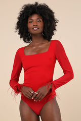 Effortlessly Luxe Red Feather Long Sleeve Bodysuit