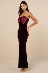 Dramatic Stunner Burgundy Velvet Bow Strapless Maxi Dress