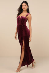 Pristine Luxury Dark Berry Velvet Bustier Maxi Dress