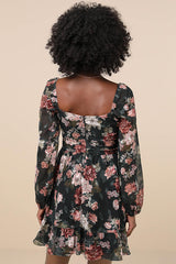 Truly Adorable Green Floral Burnout Balloon Sleeve Mini Dress