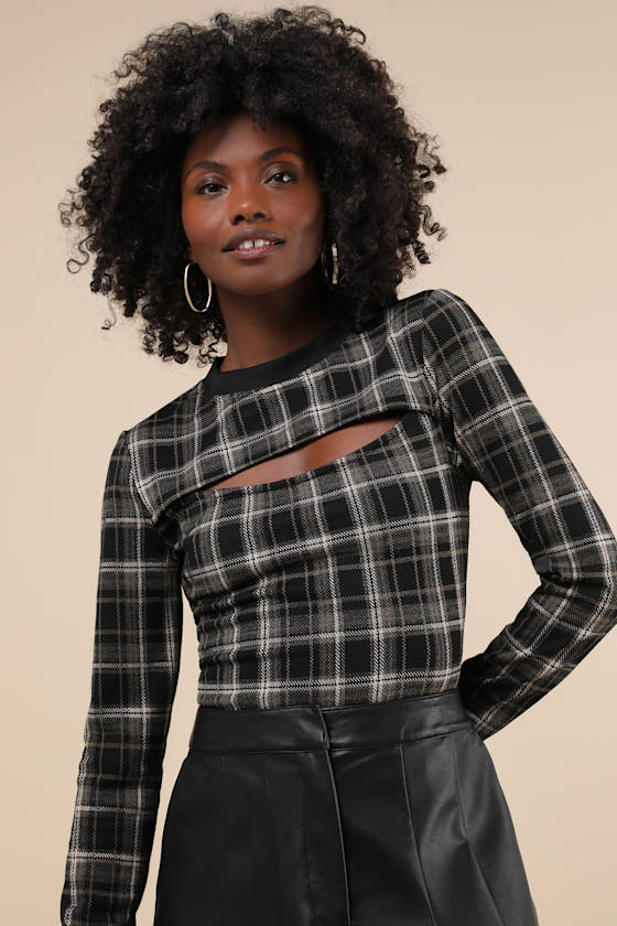 Iconic Aspect Black and Grey Plaid Cutout Long Sleeve Top
