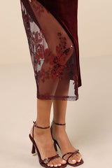 Feeling So Luxe Burgundy Velvet Mesh Sequin Strapless Midi Dress