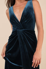 Beautiful Evenings Dark Teal Velvet Twist-Front Maxi Dress