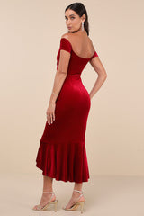 How Much I Care Wine Red Velvet Off-the-Shoulder Midi Dress