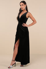 Beautiful Evenings Black Velvet Twist-Front Maxi Dress