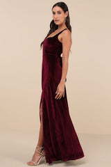 Graceful Invite Dark Plum Velvet Square Neck Lace-Up Maxi Dress