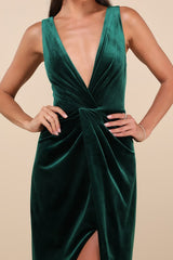 Beautiful Evenings Emerald Velvet Twist-Front Maxi Dress
