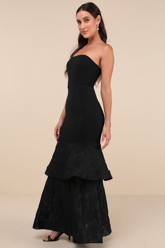 Immense Drama Black Strapless Tiered Jacquard Maxi Dress