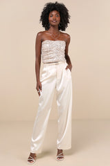 My Favorite Sparkle Rose Gold Sequin Ruched Strapless Crop Top