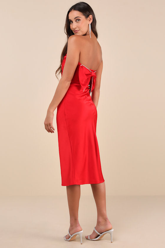 Luxe Crush Red Satin Rhinestone Bow Strapless Midi Dress