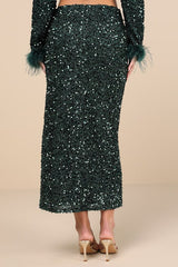 Sparkling Behavior Emerald Green Sequin High-Rise Midi Skirt