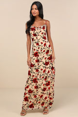 Romance in the Making Beige Floral Print Velvet Maxi Dress