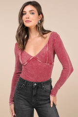 Trendsetting Confidence Washed Pink Ribbed Long Sleeve Bodysuit