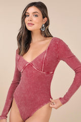 Trendsetting Confidence Washed Pink Ribbed Long Sleeve Bodysuit