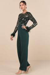 Limitless Radiance Green Sequin Feather Long Sleeve Jumpsuit