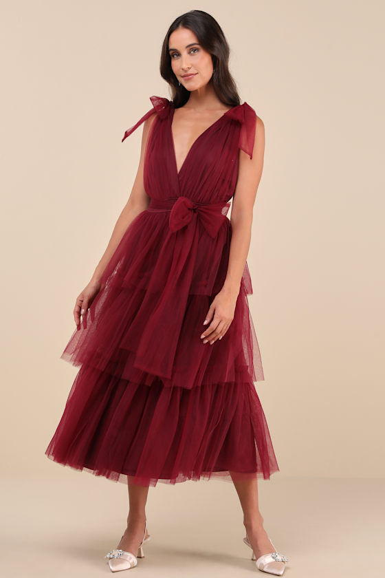 Flawless Arrival Burgundy Tulle Tie-Strap Tiered Maxi Dress