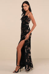 Effortless Celebration Black Floral Burnout A-Line Maxi Dress